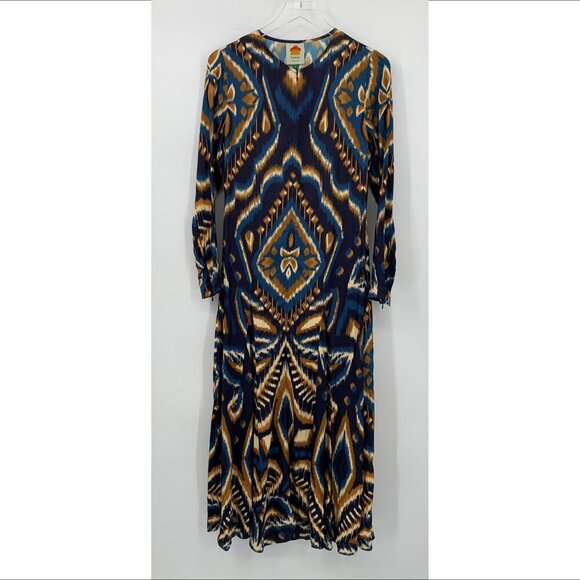 Farm Rio Pineapple Ikat navy blue maxi dress silky zipper yellow long new Small - Picture 2 of 6